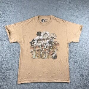 Tree Hugger Graphic T-Shirt Men L Tan Mushroom‎ Daisy Peace Sign Nature Tee